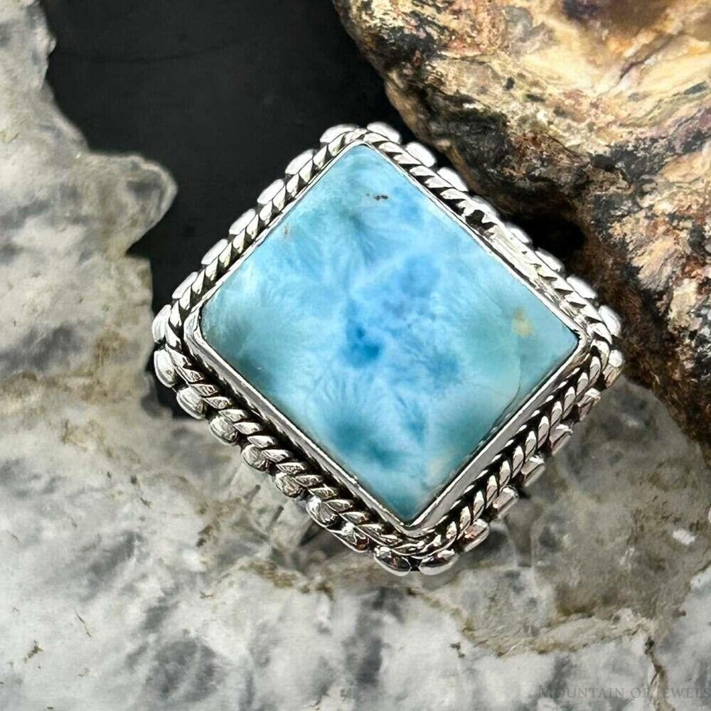 Sterling Silver Southwestern Style Larimar Decorated Bar Ring Sz 6.5 For Women